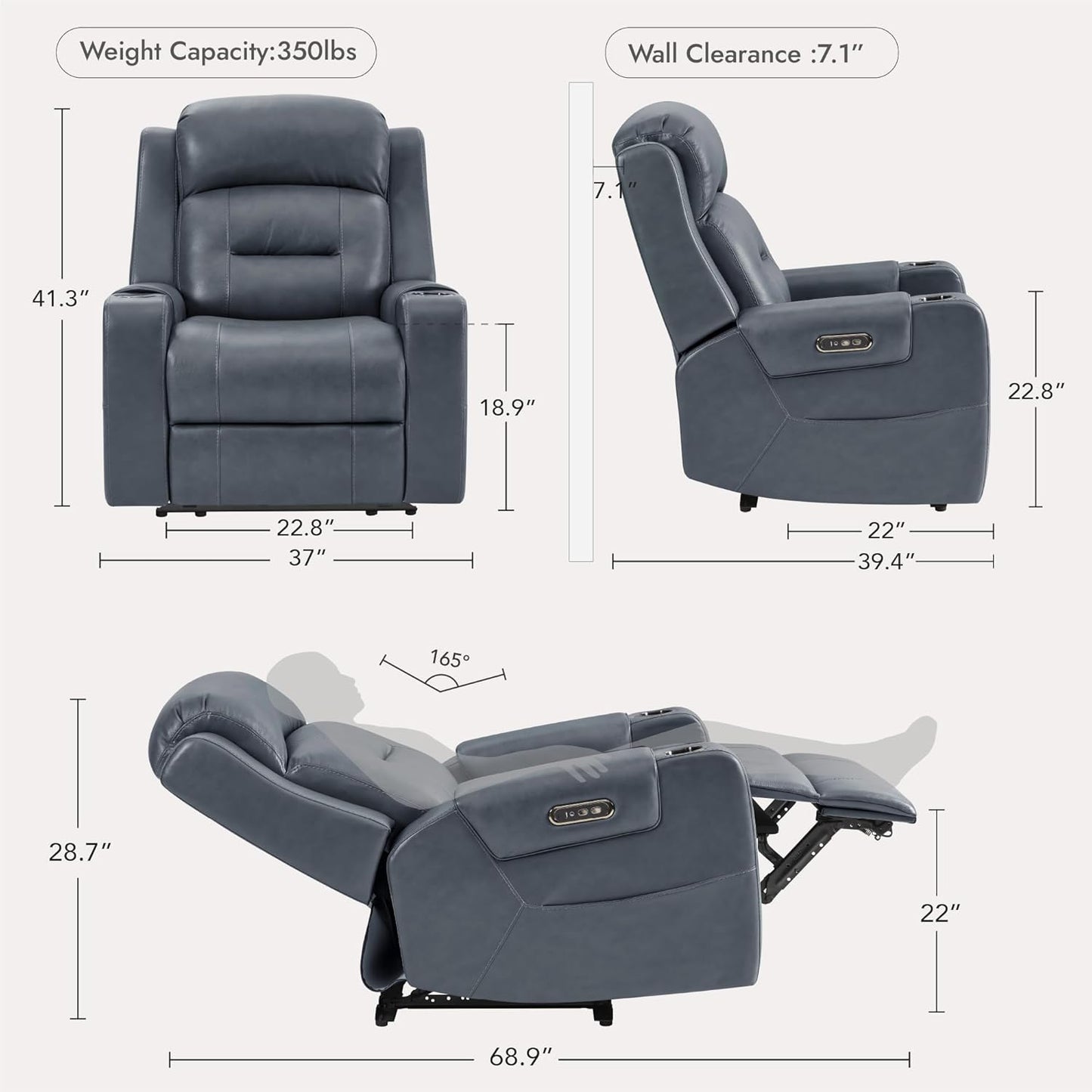 Watson & Whitely Genuine Leather Power Recliner Chairs for Adults, Lay Flat Recliner with Power Headrest, USB Ports and Cup Holders, Electric Reclining Sofa for Living Room, Bedroom, Navy