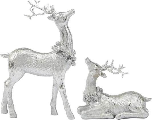 DN DECONATION Christmas Reindeer Figurines, Winter Deer Small Statues Decor, Silver Decorative Reindeer Sculptures, Resin Xmas Holiday Home Décor Accents for Office Living Room & Bedroom 2PCS