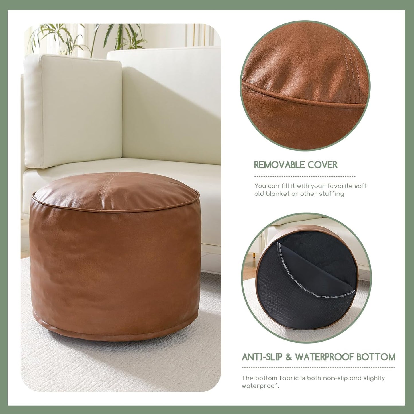HIGOGOGO Round Stuffed Pouf Ottoman, Pu Leather Poufs with Foam Chunk Filling, Furry and Fluffy Pouf Foot Stool Storage Ottoman, 20 X 15 Floor Poufs Foot Rest for Living Room,Brown