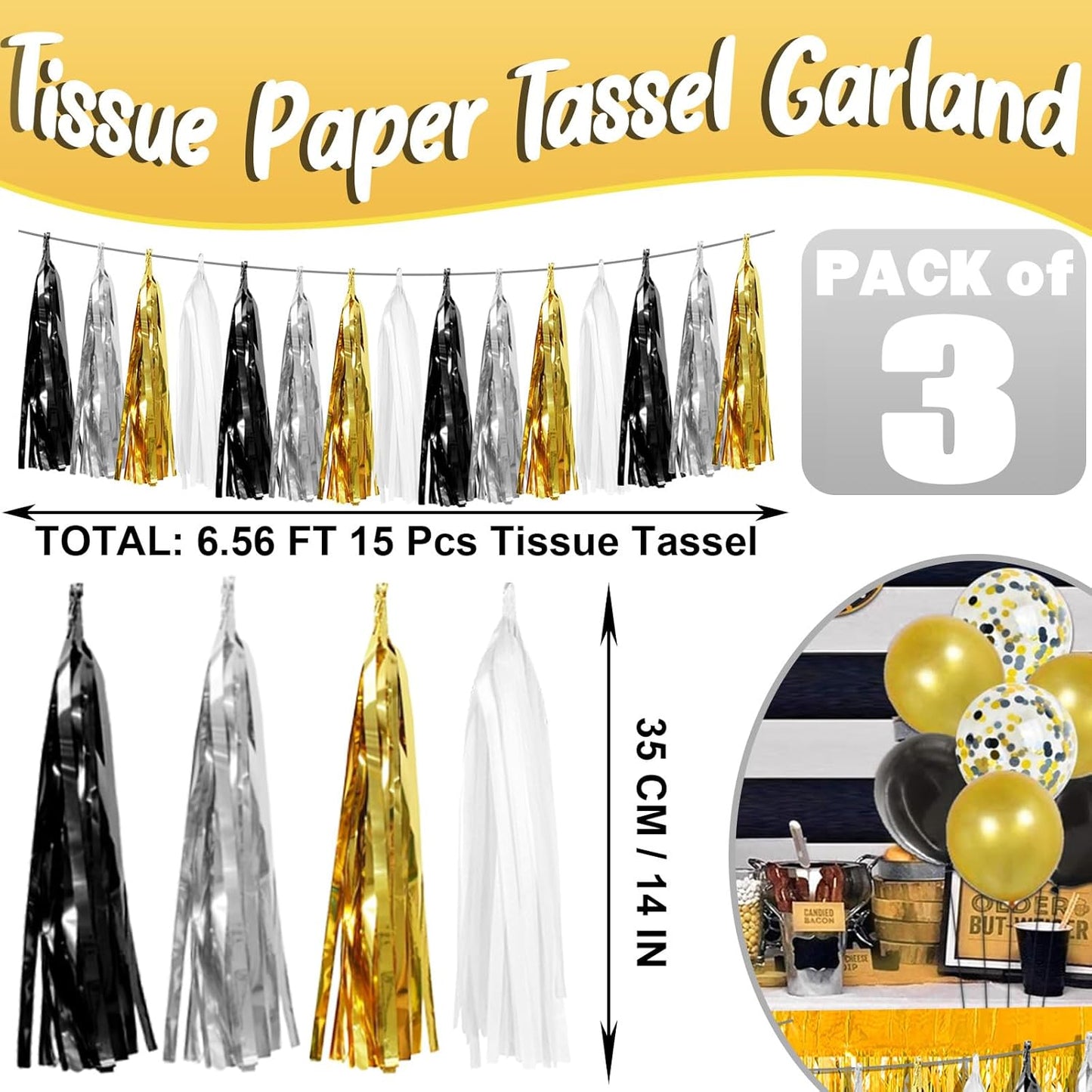 3P Black Gold Silver Foil Fringe Metallic Tassel Garland, Tassels Banner Streamers for Parade Floats, Bachelorette, Wedding, Birthday, Halloween, Christmas, Bridal/Baby Shower Party Decorations