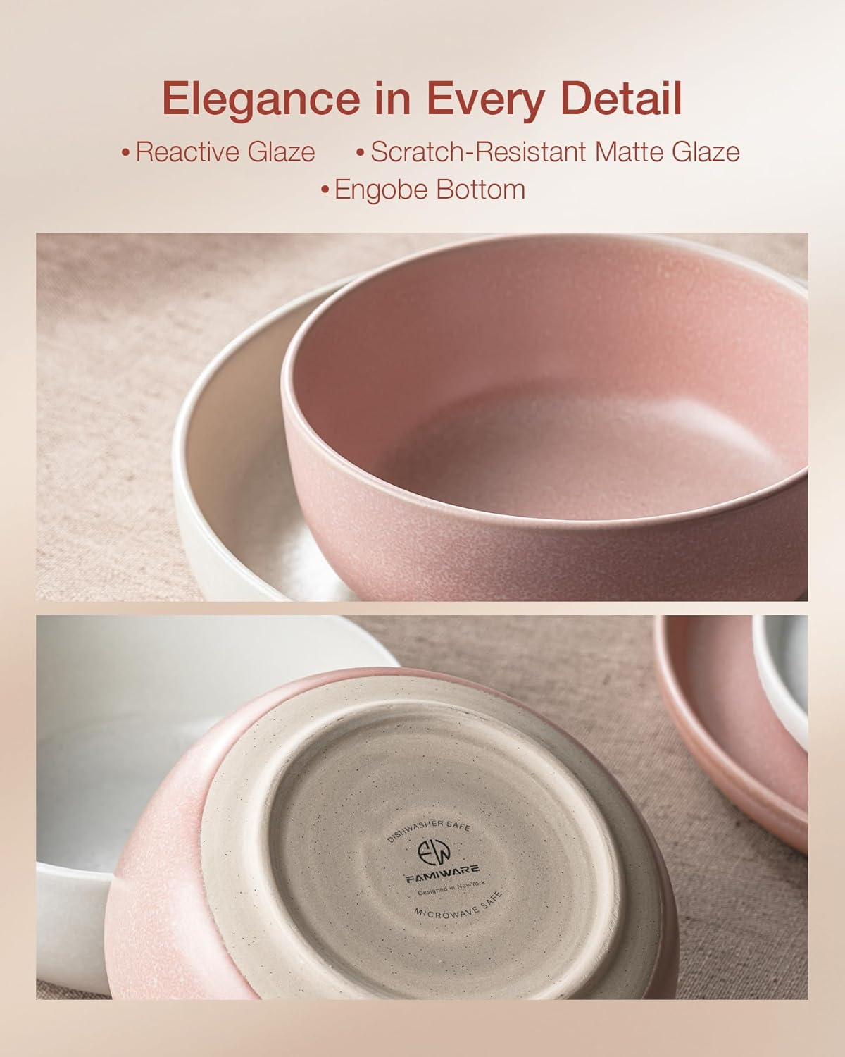 Famiware Milkyway Plates and Bowls Sets, 12 Pieces Dinnerware Sets, Reactive Glaze Dish Set, Stoneware Dishes Set for 4, Matte White & Light Pink