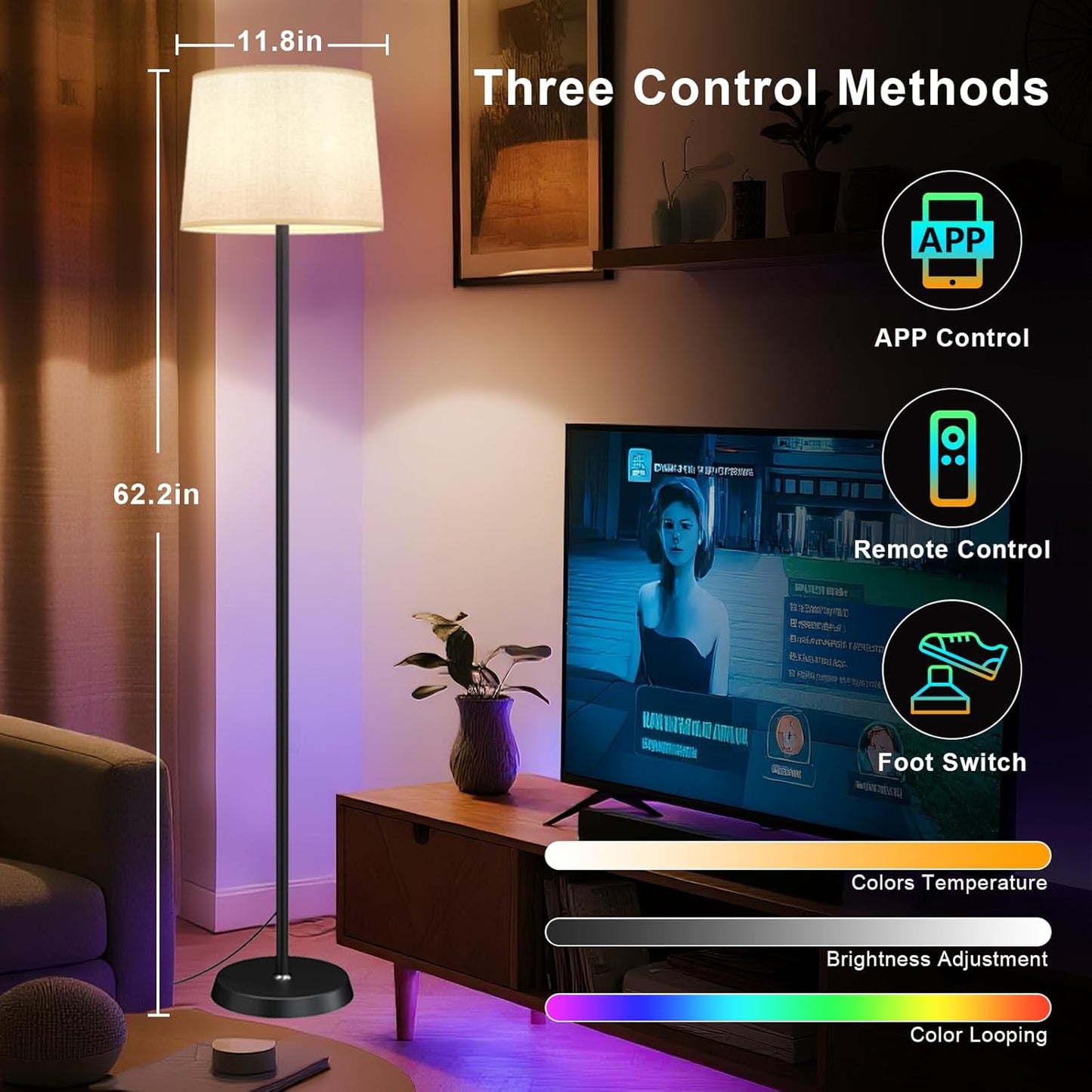 Floor Lamp for Living Room Bedroom,Modern Floor Lamp with Remote, Simple Design with Beige Shade,Foot Pedal Switch,Dimmable Colors Temperature,9W RGB LED Bulb
