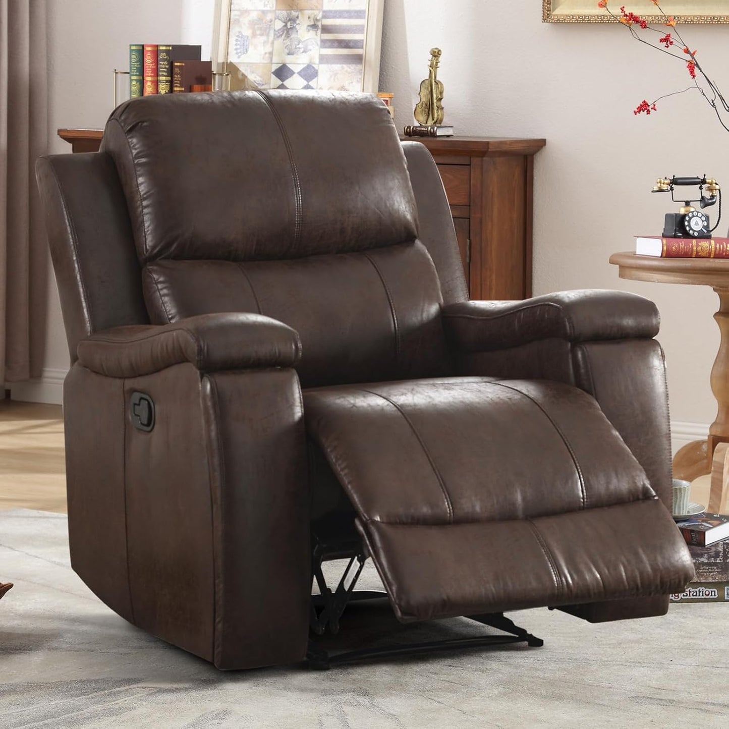 Brown Recliner Chair, Single Overstuffed Sofa Recliners, Breathable Faux Leather Manual Reclining Chairs with Hidden Cup Holder, Arm and Back for Adults, Living Room, Bedroom, Dark Brown