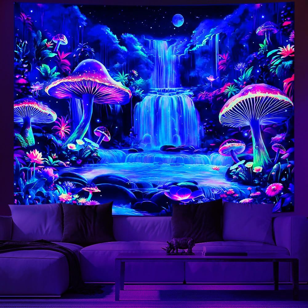 Dermijer Blacklight Tapestry Fantasy Mushroom Forest Tapestry UV Reactive Waterfall Tapestries Moon Night Neon Flower Landscape Tapestries Wall Hanging for Home Decor L59.1×W51.2