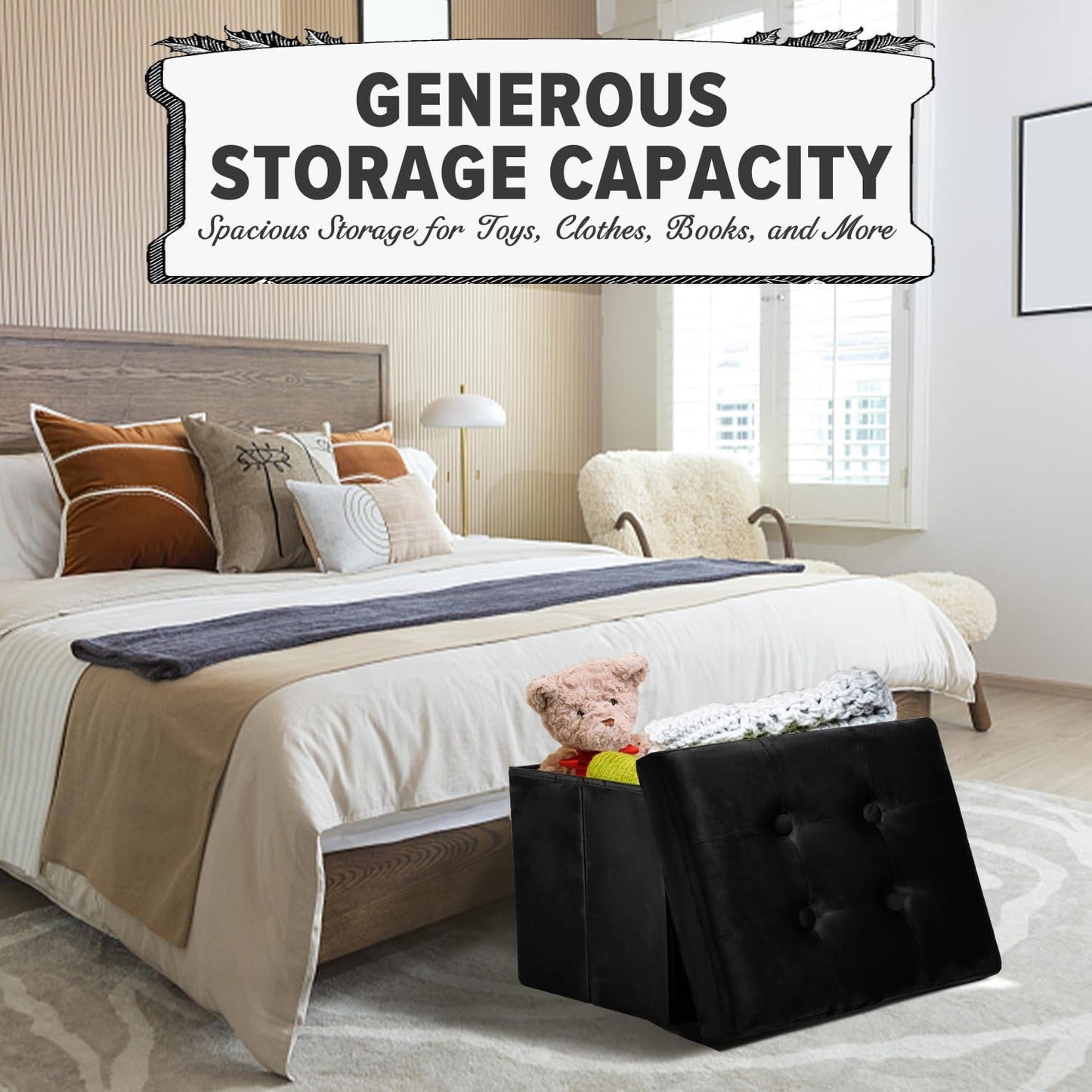 LINMAGCO Storage Ottoman Folding Foot Stool Velvet Foot Rest with Padded Modern Ottoman with Storage for Living Room Puppy Step Stool 17x13x13in(Black)