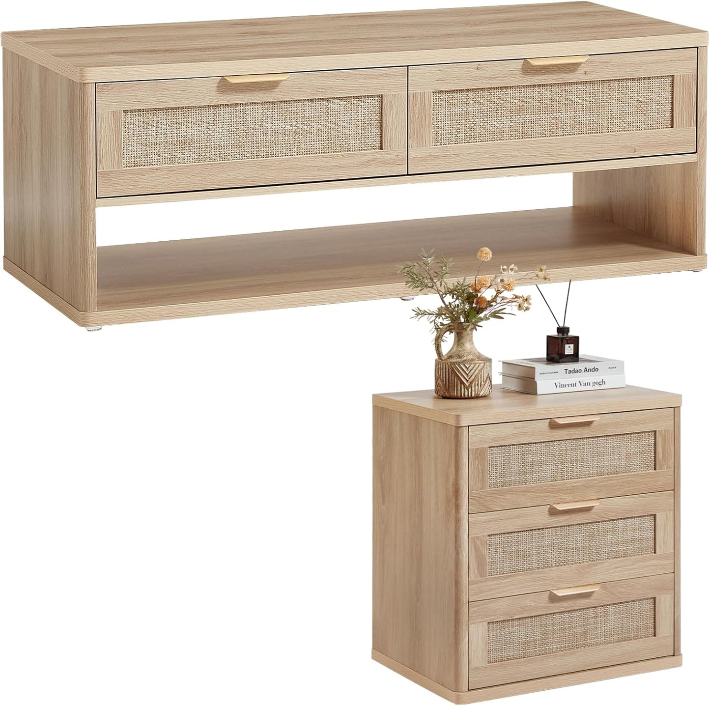 LEYAOYAO Boho Rattan Coffee Table and End Table Sets, 48" Wide Center Tables & 23" Night Stand with 3 Drawers, Natural Wood Coffee Table for Living Room 2 Piece Set