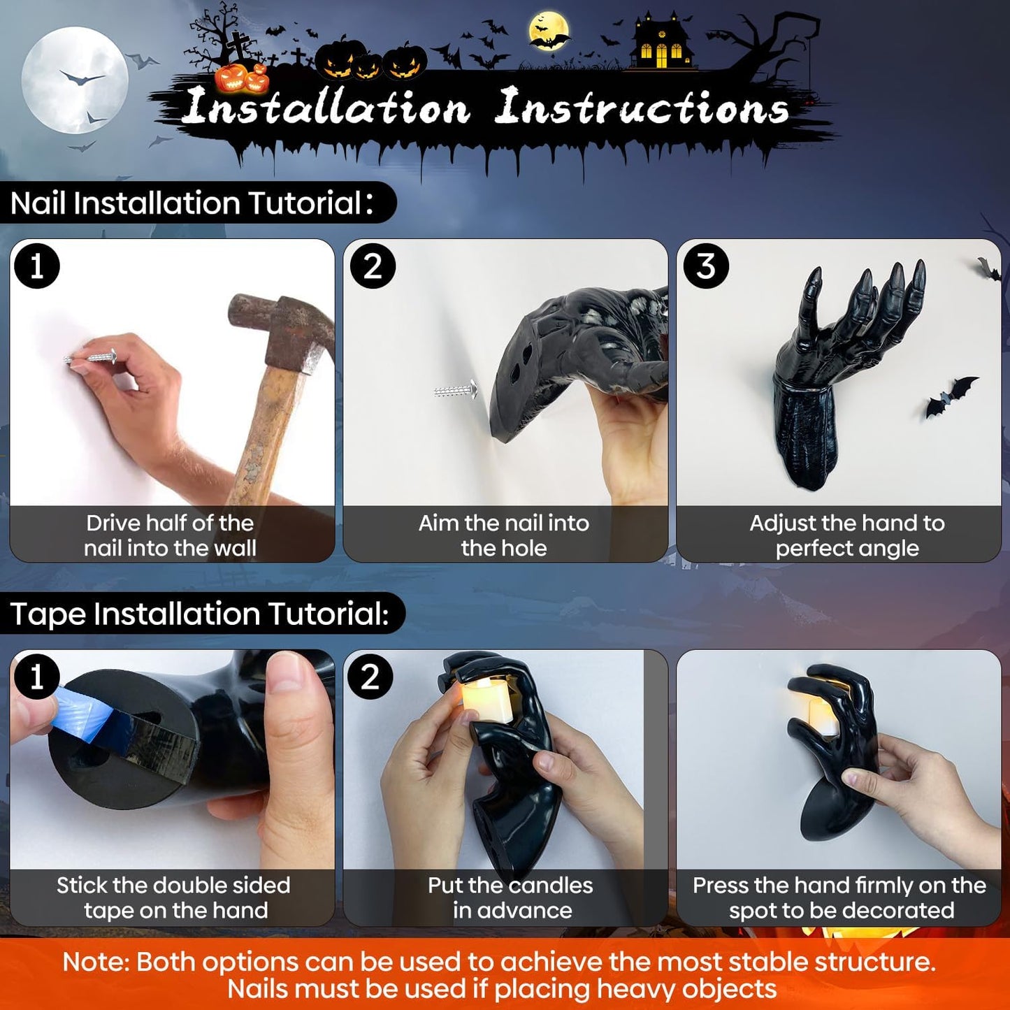 Halloween Decor Indoor, 4 Packs Creepy Reaching Hands with LED Candles, Life-Sized Gothic Wall Decor for Horror Decor, Spooky Halloween Decorations for Home, Party, Goth & Dark Academia Style