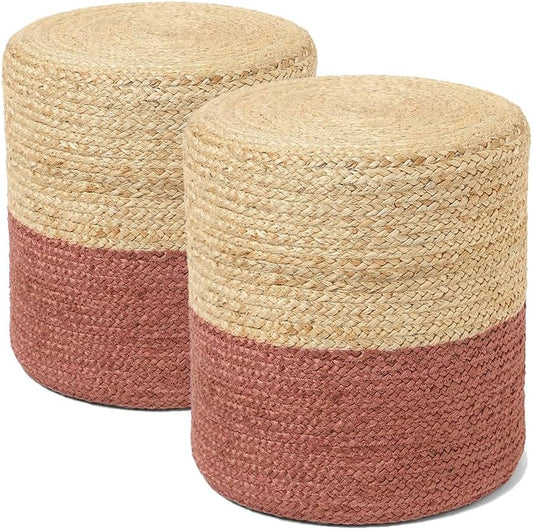 REDEARTH · Cylindrical Pouf Foot Stool Ottoman - Jute Braided Pouffe Poof Accent Sitting Footrest for Living Room, Bedroom, Nursery, Patio, Lounge Set of 2 (Natural Rust, 14.5"x14.5"x16")