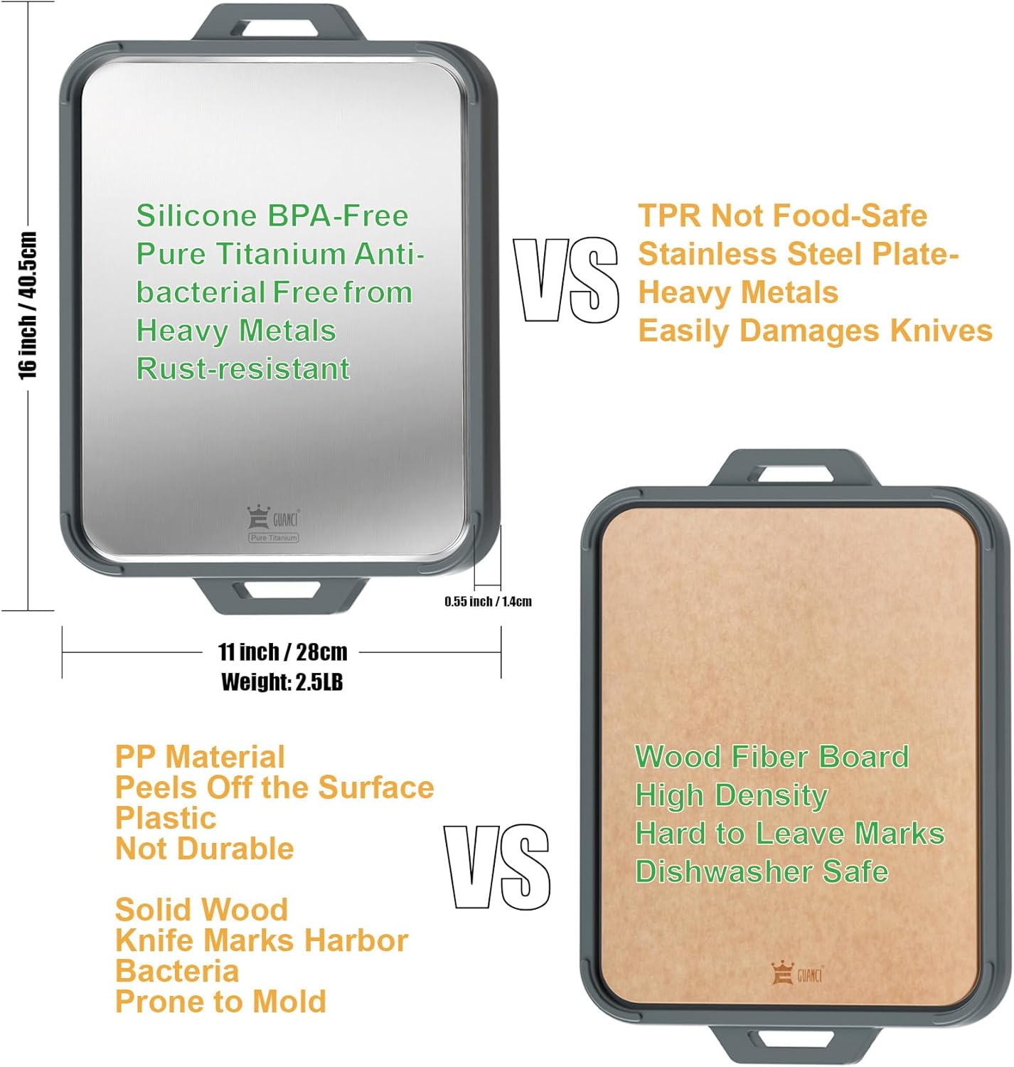 GUANCI Pure Titanium Cutting Board, Double Sided Cutting Board for Kitchen, Pure Titanium/Wood Fiber Composite with Juice Groove Dishwasher Safe 16"L x 11"W