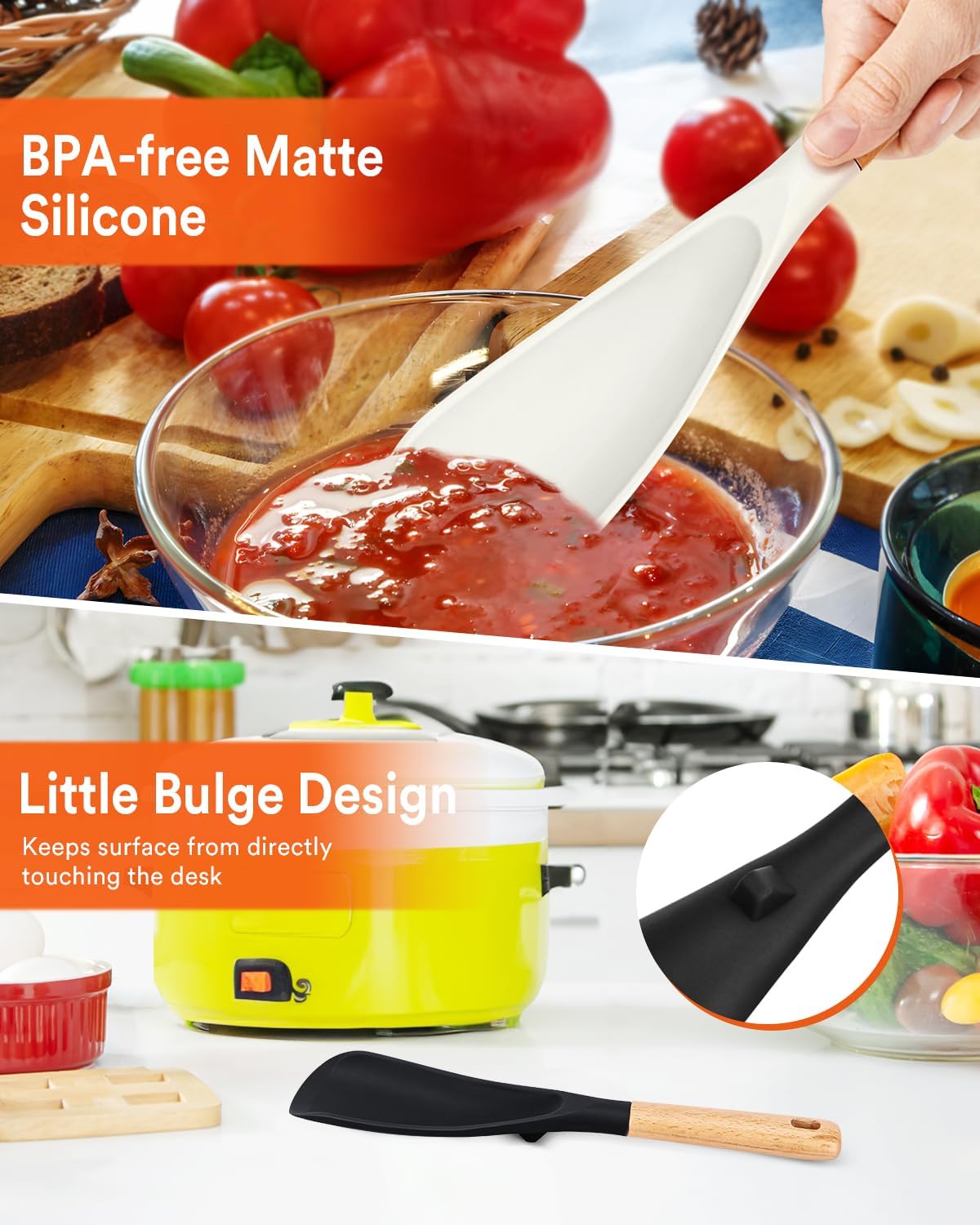 Cooking Spoon for Nonstick Cookwares, Great for Cooking and Serving Sturdy BPA-Free Matte Silicone, Wood Handle Spoon for Mixing, Scoop, and Scrape (Black & White, 11.4 inch)