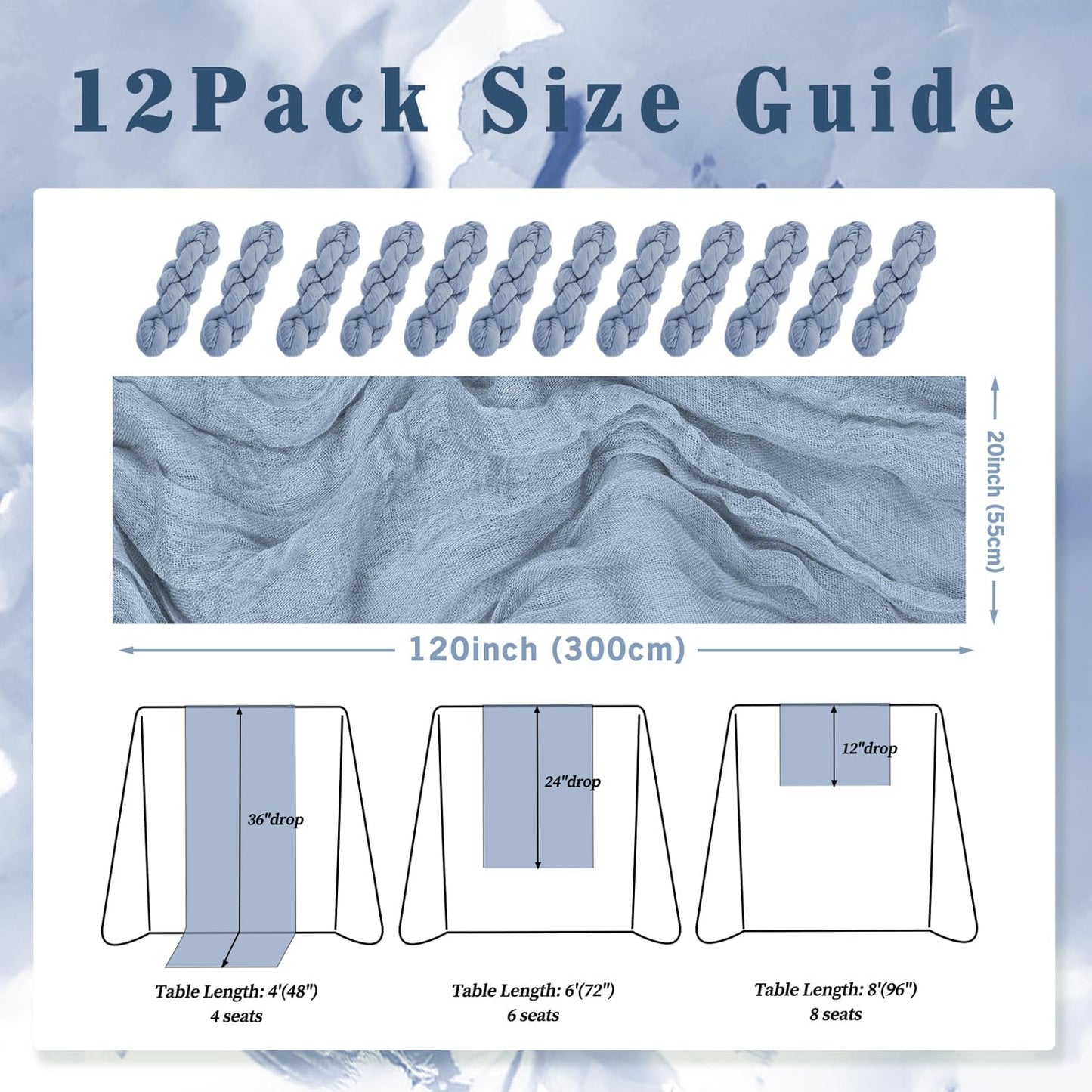 12 Pack Dusty Blue 10FT Cheesecloth Table Runner Rustic Gauze Fabric Cheese Cloth Table Runner for Wedding Bridal Baby Shower Table Decor 20 x 120 Inch Long Boho Sheer Birthday Party Table Decorations