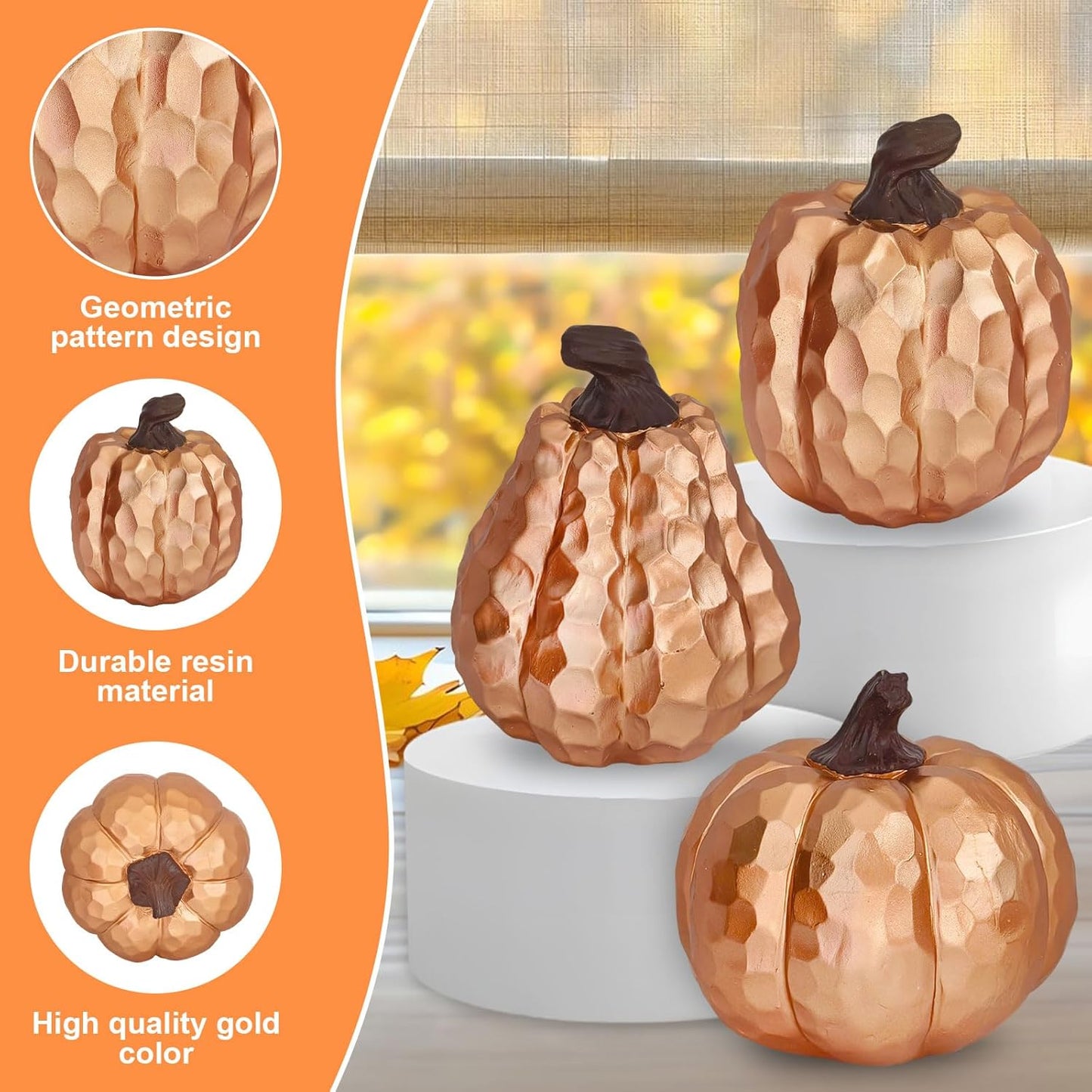Large Pumpkin Decor Set of 3, Resin Pumpkins Thanksgiving Table Decor,5.9 Inch Faux Pumpkins Suitable for Fall Home Decor,Fall Table Decorations,Fall Mantel Decor (Gold)