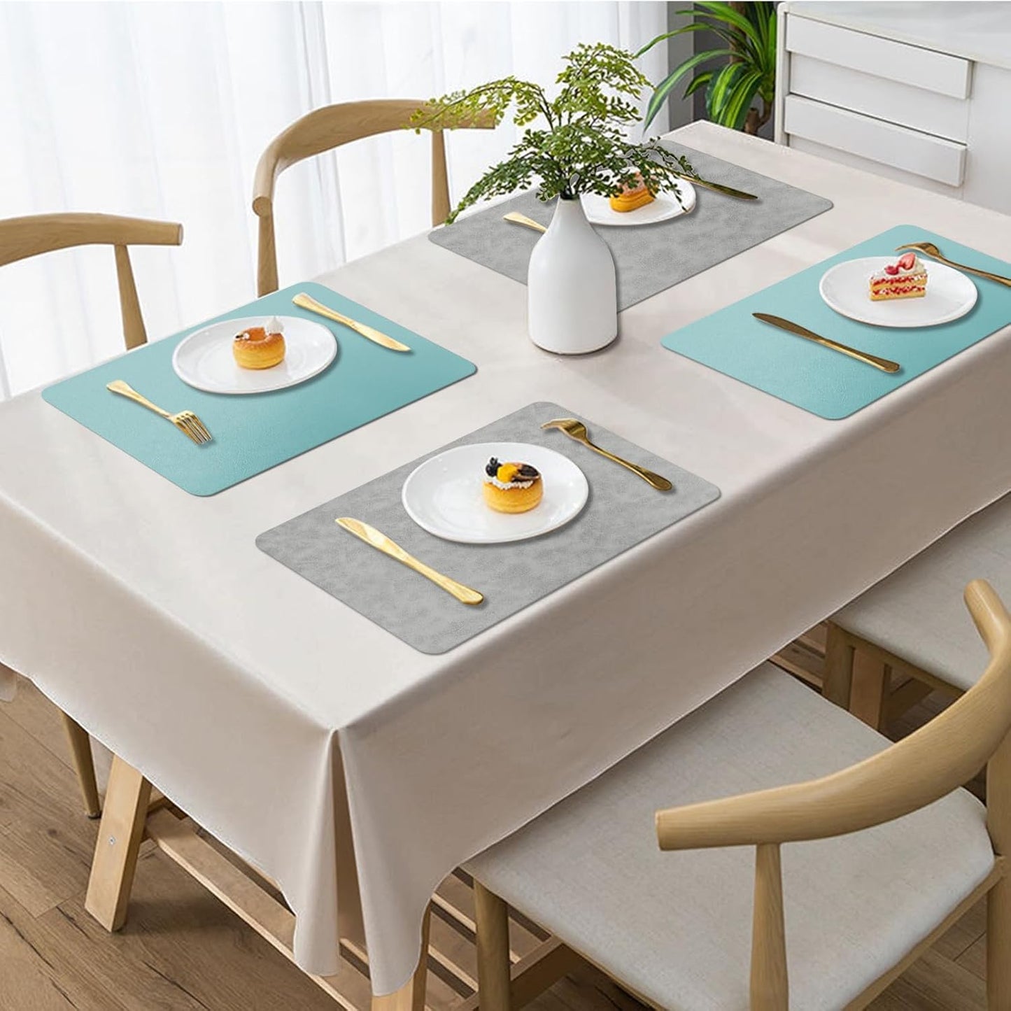 BLESWIN Faux Leather Placemats, PU Dining Table, Waterproof and Oil Resistant Easy to Clean, Heat Resistant Reversible Use Table Mats for Kitchen, Dining Table, Outdoor – 12 × 17 Inch, Light Grey&Blue