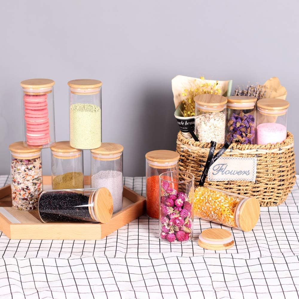12 Pcs Glass Spice Jars - 8.5oz Empty Small Glass Bottles with Bamboo Airtight Lids and Labels - Thicken Seasoning Spice Containers for Kitchen Organization and Storage…