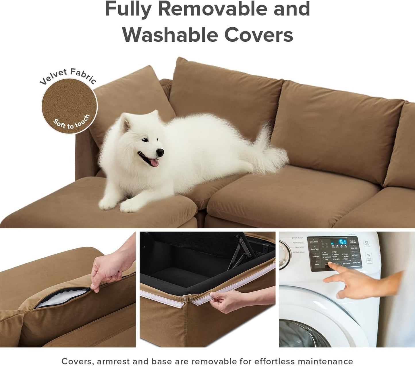 mopio Oversized Modular Sectional Sofa with Fully Removable Covers and Storage, Convertible U, L-Shaped and Sleeper Sectional, Modern Couches with Ottoman Chaise (Hazelnut Velvet, 6 Seats, U)