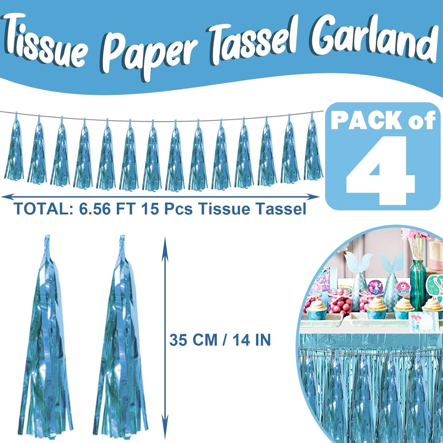 4P Light Blue Foil Fringe Metallic Streamers Banner Tassel Garland for Parade Floats, Bachelorette, Wedding, Birthday, Halloween, Christmas, Bridal/Baby Shower Party Decorations