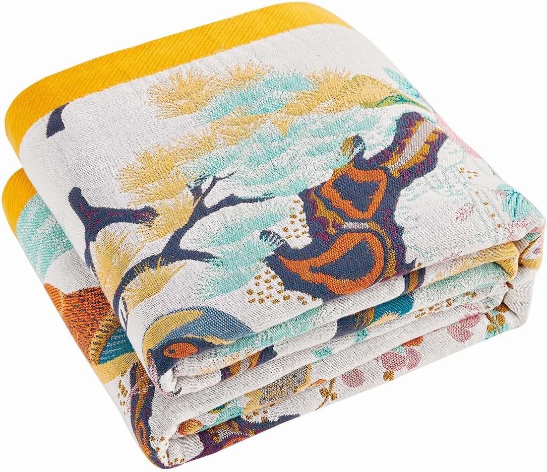 Fall Throw Blanket for Couch, Yellow Boho Decorative Throw Blanket, 100% Cotton Muslin Breathable Woven Farmhouse Blankets Quilt, 60"x80" Reversible Lightweight Blankets Bohemian Throw Quilt