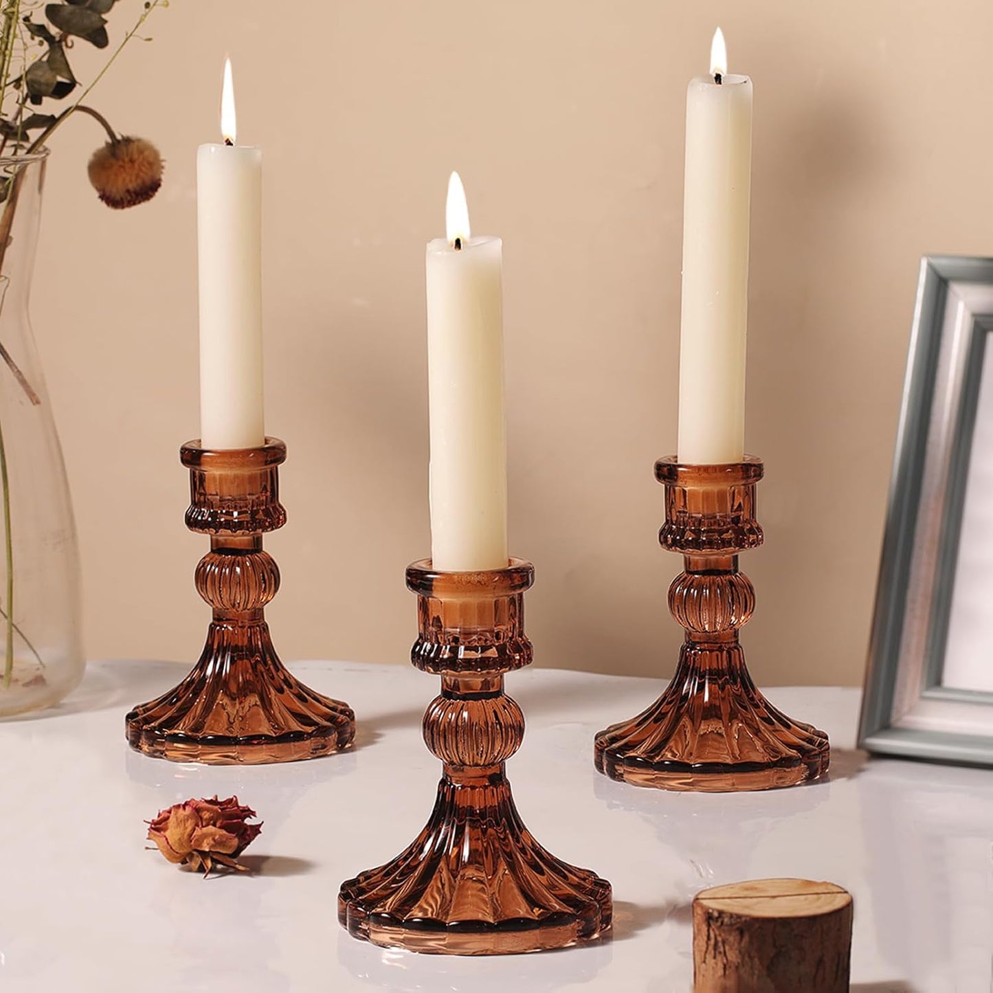 12PCS Amber Candlestick Holders Set- 4" H Taper Candle Holders, Glass Candle Holders Bulk for Wedding, Party, Fall Home Table Centerpieces, Festival Gifts & Windowsill Decor