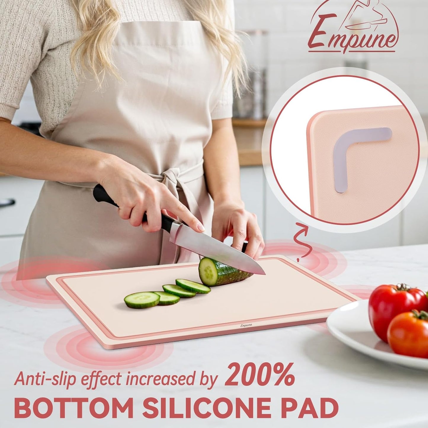 Empune Plastic Cutting Board Set, Recycled Plastic Cutting Boards for Kitchen (Set of 3), Dishwasher Safe Large Chopping Board with Holder, Non-slip Feet and Juice Grooves, Nonporous, Pink