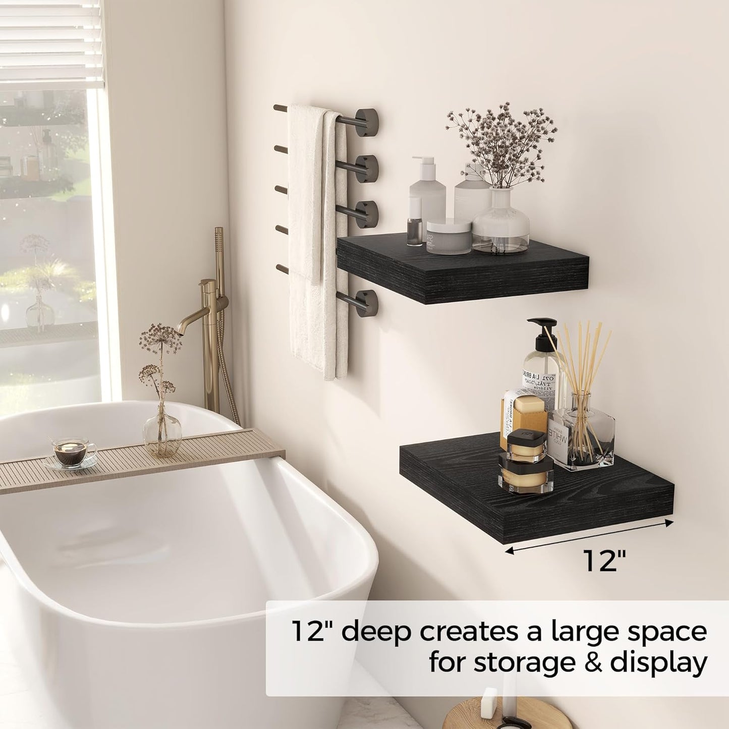 Fun Memories 12 Inch Floating Shelf, Rustic Wood Wall Shelves for Wall Decor & Storage, 12 x 12 Floating Shelf for Living Room, Bathroom, Bedroom, Black, Set of 2