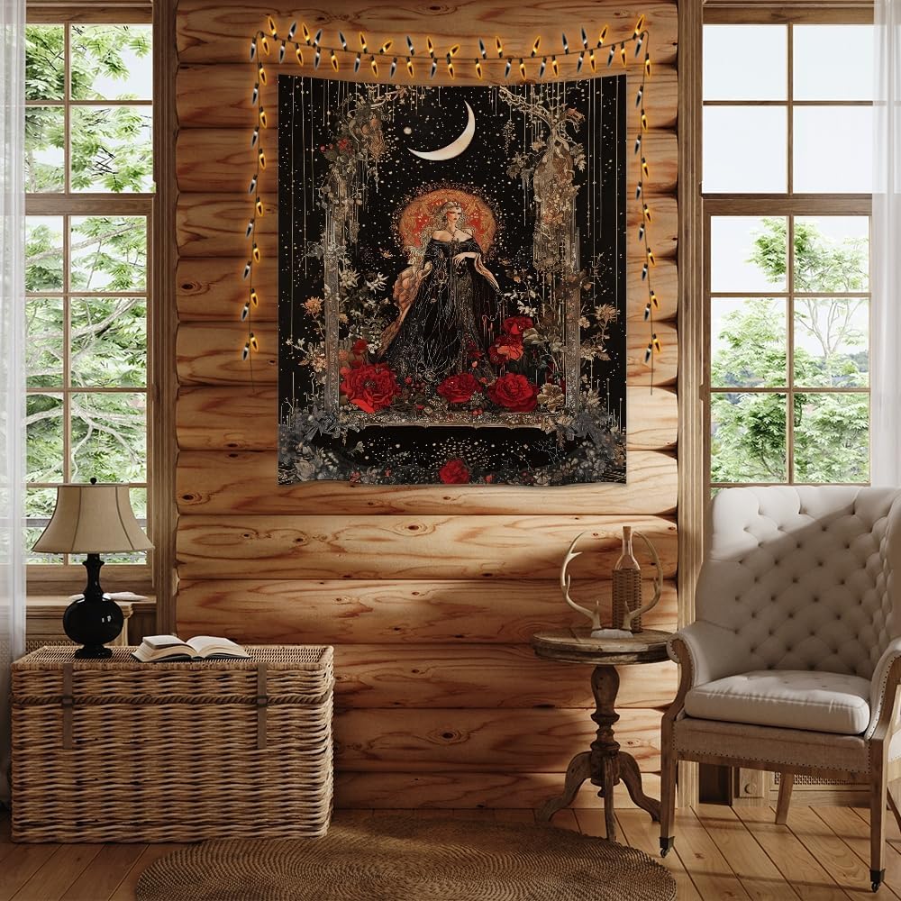 Dark Academia Moon Goddess Tapestry Gothic Fantasy Rose Wall Art Mystical Witchy Woman Print Victorian Artwork Aesthetic Tapestries Wall Hanging for Girls Room Bedroom Decor 70x90inch