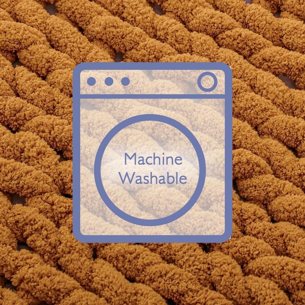 Bigacogo Chunky Knit Throw Blanket for Couch, 40x40 inches, 100% Hand Knitted with Thick Jumbo Chenille Yarn, Cozy Soft Large Rope Knot Cable Crochet Blankets for Sofa Bed Living Room, Burnt Orange