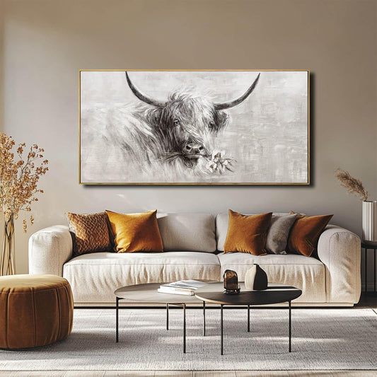 Farmhouse Wall Decor Framed Cow Artwork Grey Vintage Wall Art Canvas Flower Print Rustic Animal Pictures Style for Bedroom Dining Room 24x48 Inch