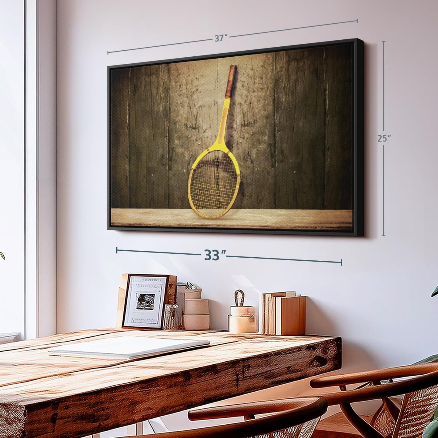 ElephantStock Vintage Tennis Racket Wall Art - Horizontal Framed Canvas - 1-Piece Living Room Wall Decor - Photography Sports Canvas Print - Brown and Black Decor for Wall - 37" X 25"