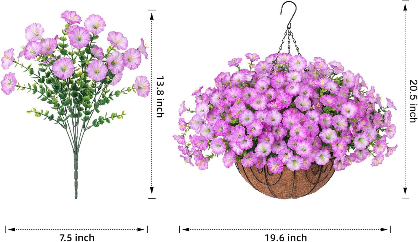 Artificial Faux Hanging Plants Flowers Basket for Outdoor Outside Spring Summer Decoration, Silk Purple Morning Glory in Planter UV Resistant Look Real Fake Flowers for Porch Patio Balcony Home Yard