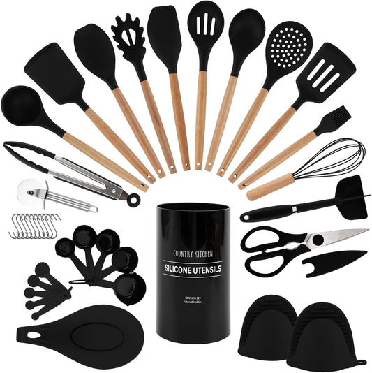 Country Kitchen Non Stick Silicone Utensil Set with Rounded Wood Handles for Cooking and Baking, 38 Piece Set, Black