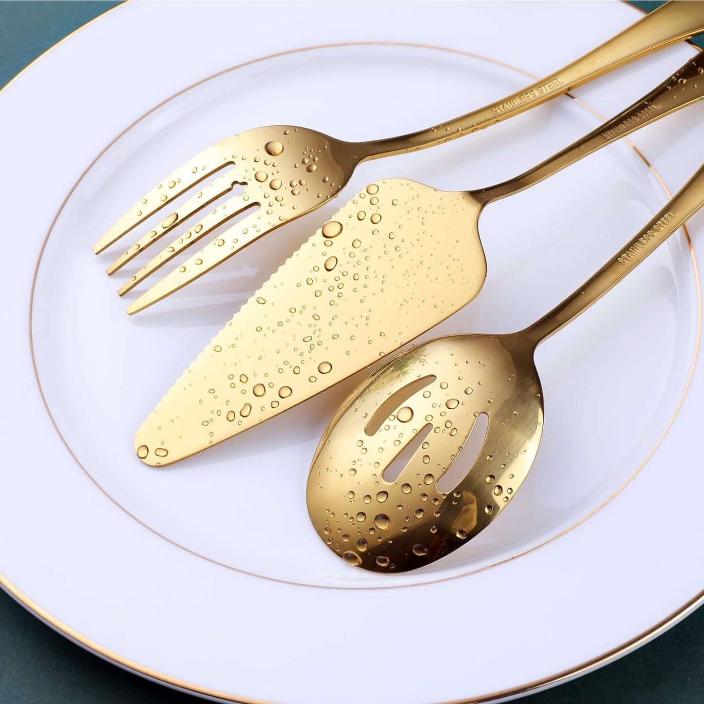 Gold Serving Utensils, OGORI 12-Piece Stainless Steel Serving Utensils Include Serving Spoons, Slotted Spoons, Serving Tongs, Serving Forks, Butter Knife, Stirring Spoon, Soup Ladle, Pie Server