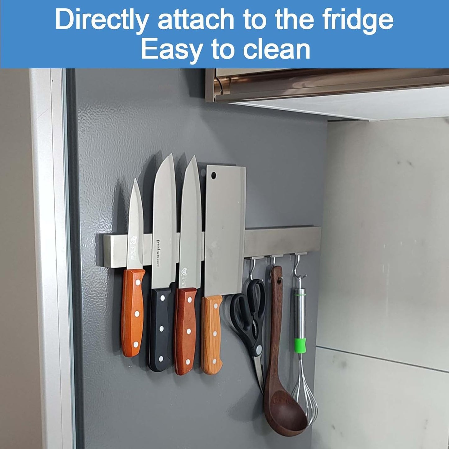 14 Inch Magnetic Knife Holder for Refrigerator - Knife Magnetic Strip for Fridge with Magnetic Hooks - Double Sided Magnetic Knife Bar - Stainless Steel Kitchen Magnetic Knife Hanger Rack