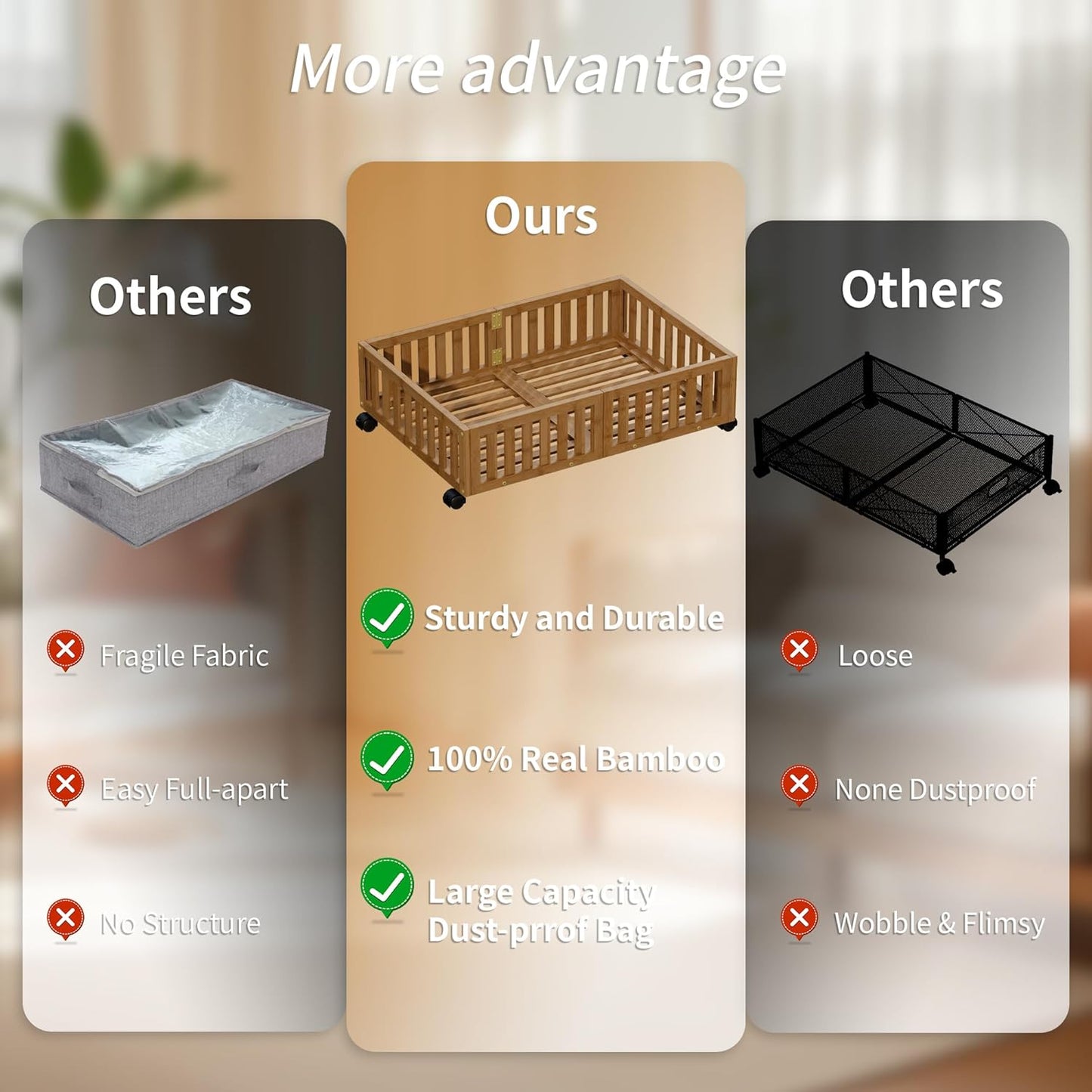 Bamboo Under Bed Storage with Wheels (2-Pack) – Rolling Underbed Shoe Organizer Box for Shoes, Blankets, Toys, Clothes Container Space-Saving Organizer Bins for Bedroom, Closet, Dorm, Nursery