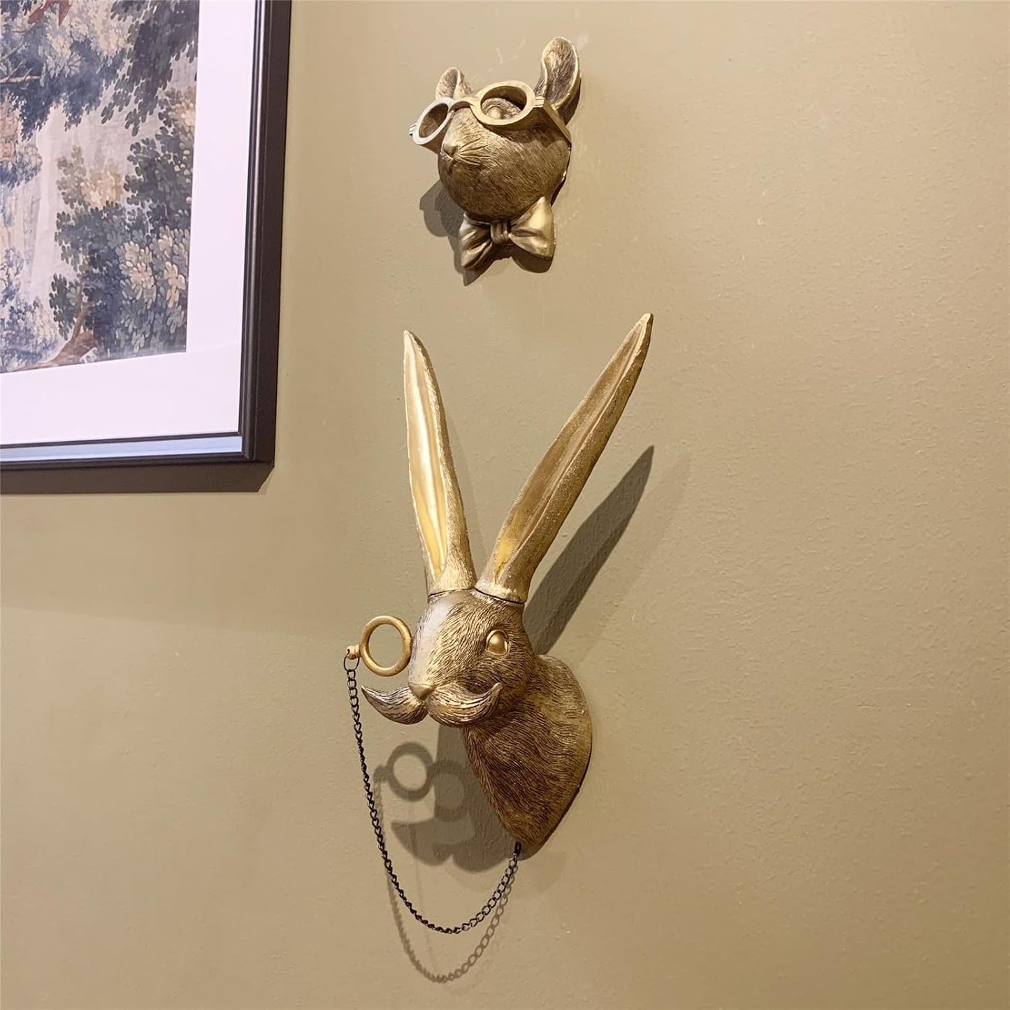GUASDIE Animal Heads Wall Decor, Faux Deer & Rabbit Heads, Resin Animal Wall Hanging Decoration for Living Room, Bedroom & Kitchen Gift