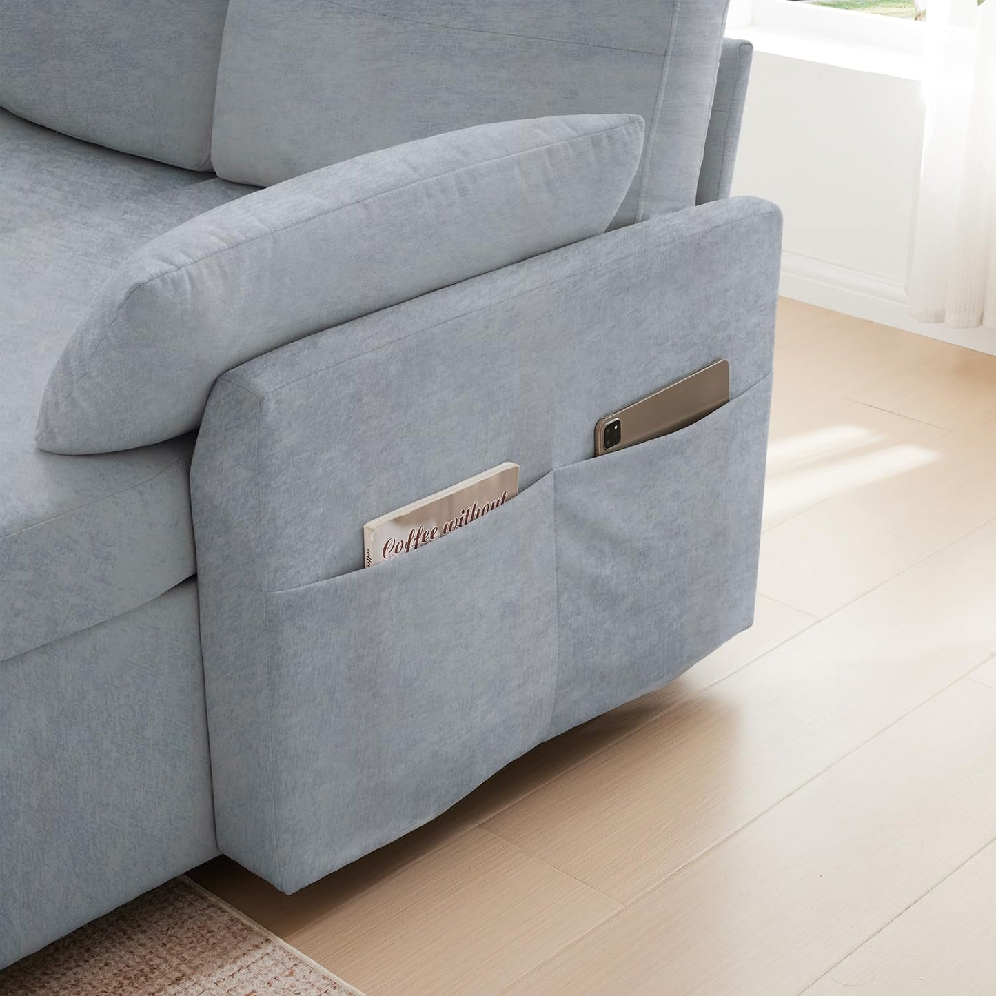 Waxberry Sectional Sofa Couch, Pull Out Couch Sleeper Sofa Bed with Storage for Living Room, Reversible Chaise, Side Pockets & Dual USB/Type-C Ports, Includes 1 Blanket, Grey