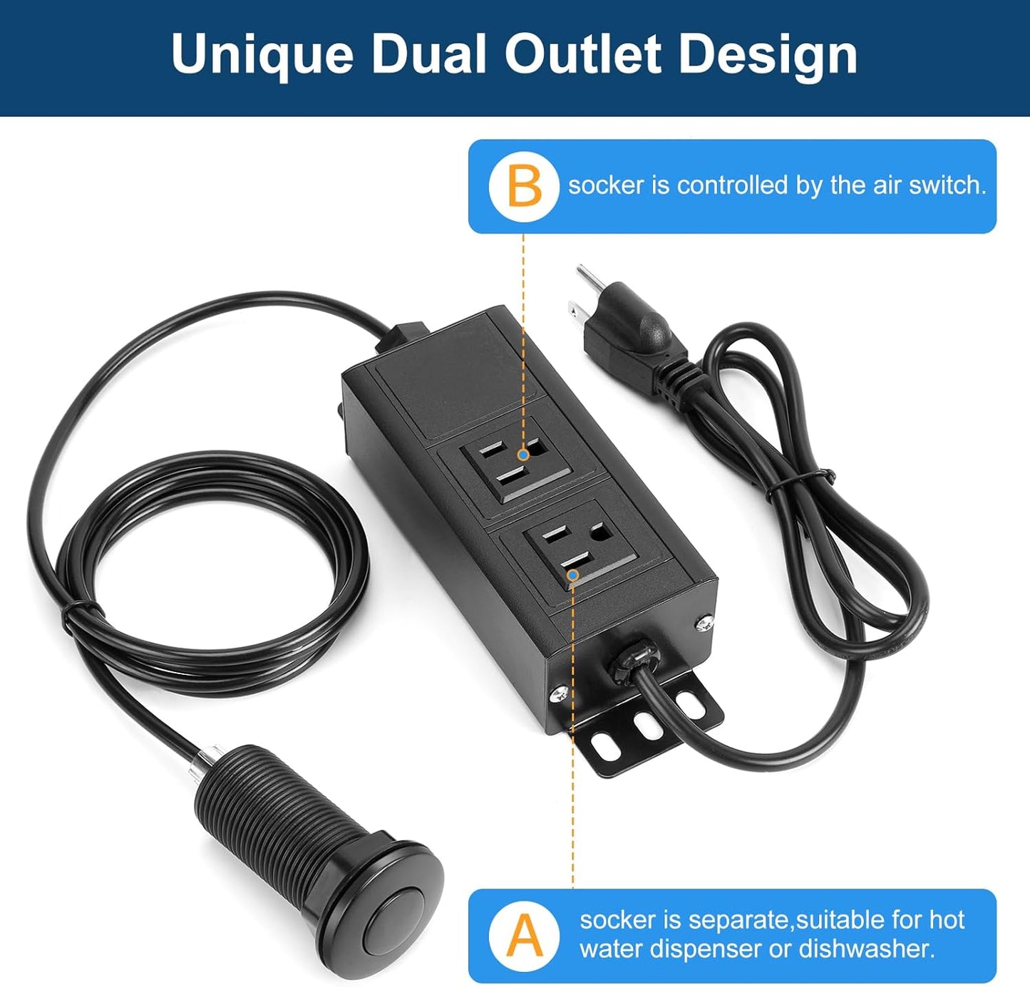 Dual Outlet Garbage Disposal Air Switch Kit, UL Listed Sink Top Air Switch for Food Waste Disposal, 3.58” Extra Long Air Button, Black Stainless Steel