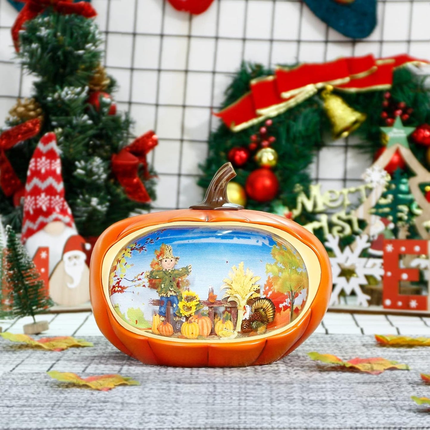 Fall Decor Snow Globe Lighted Pumpkin Thanksgiving Decoration Swirling Glitter Snow Globes Pumpkin Table Accent for Fall Harvest Day Decorations,Pumpkin&Scarecrow