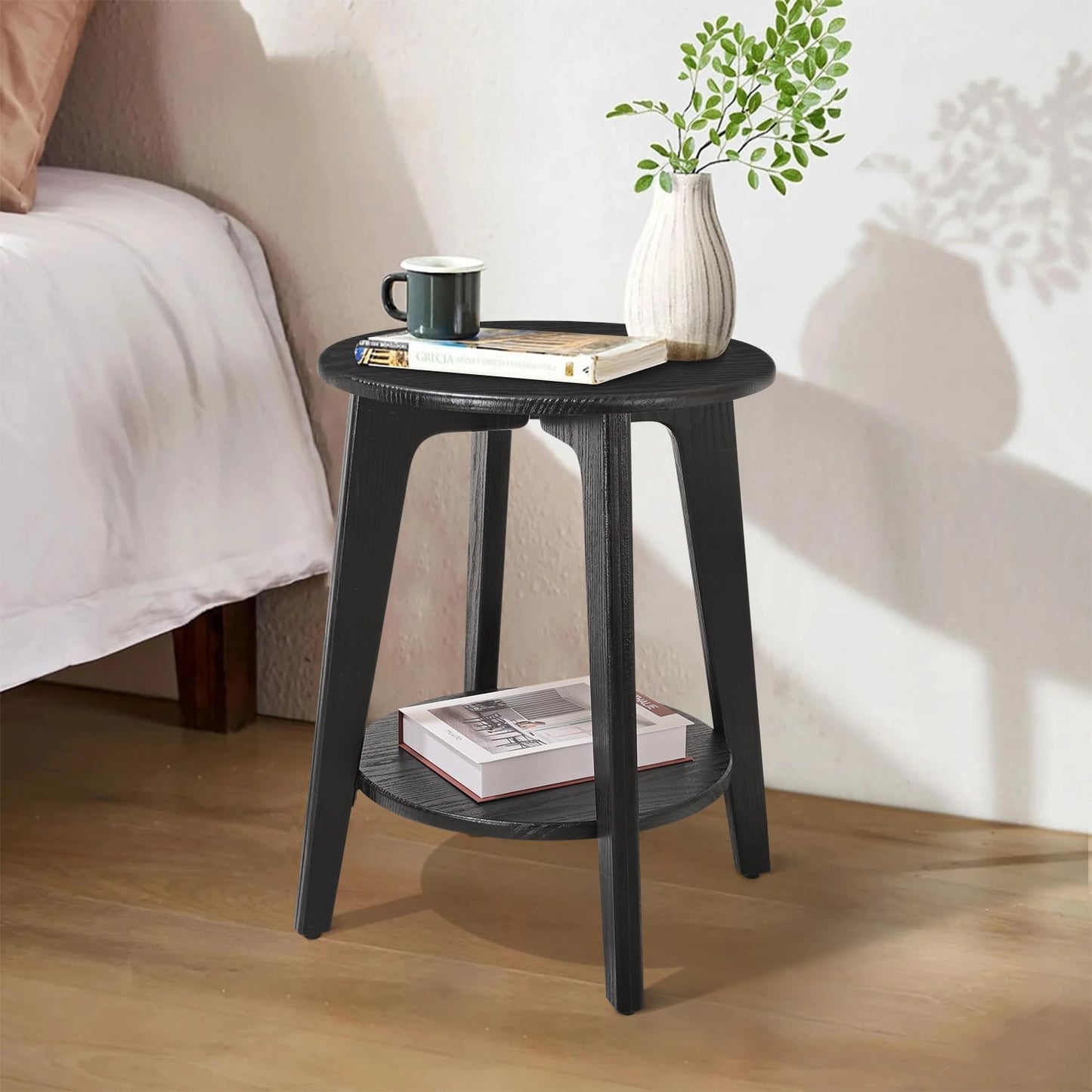 Side End Table Round Black Beside Table Sofa Table Nightstand Modern End Table 2-Tier Small Accent Tables Great for Small Spaces Living Room Bedroom