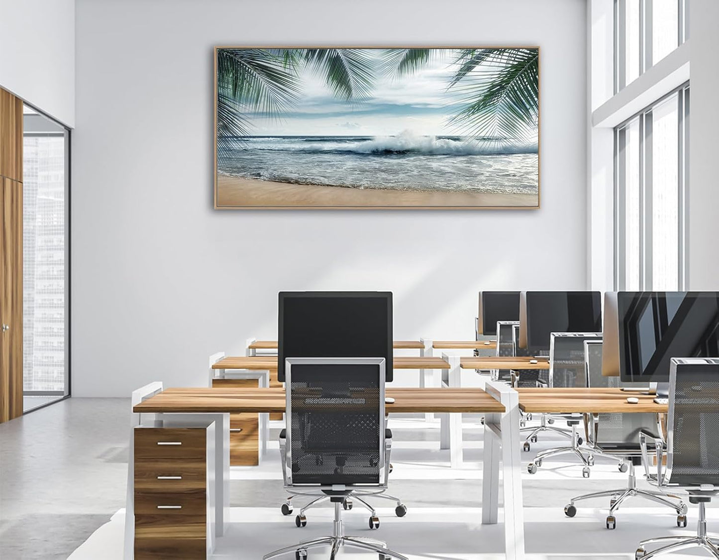 Framed Tropical Beach Wall Art - Ocean Waves Canvas Pictures Coastal Blue Sky and Sea Print Seaside Palm Tree Leaves Scene Painting Artwork Living Room Bedroom Office Home Decor 29" x 58"