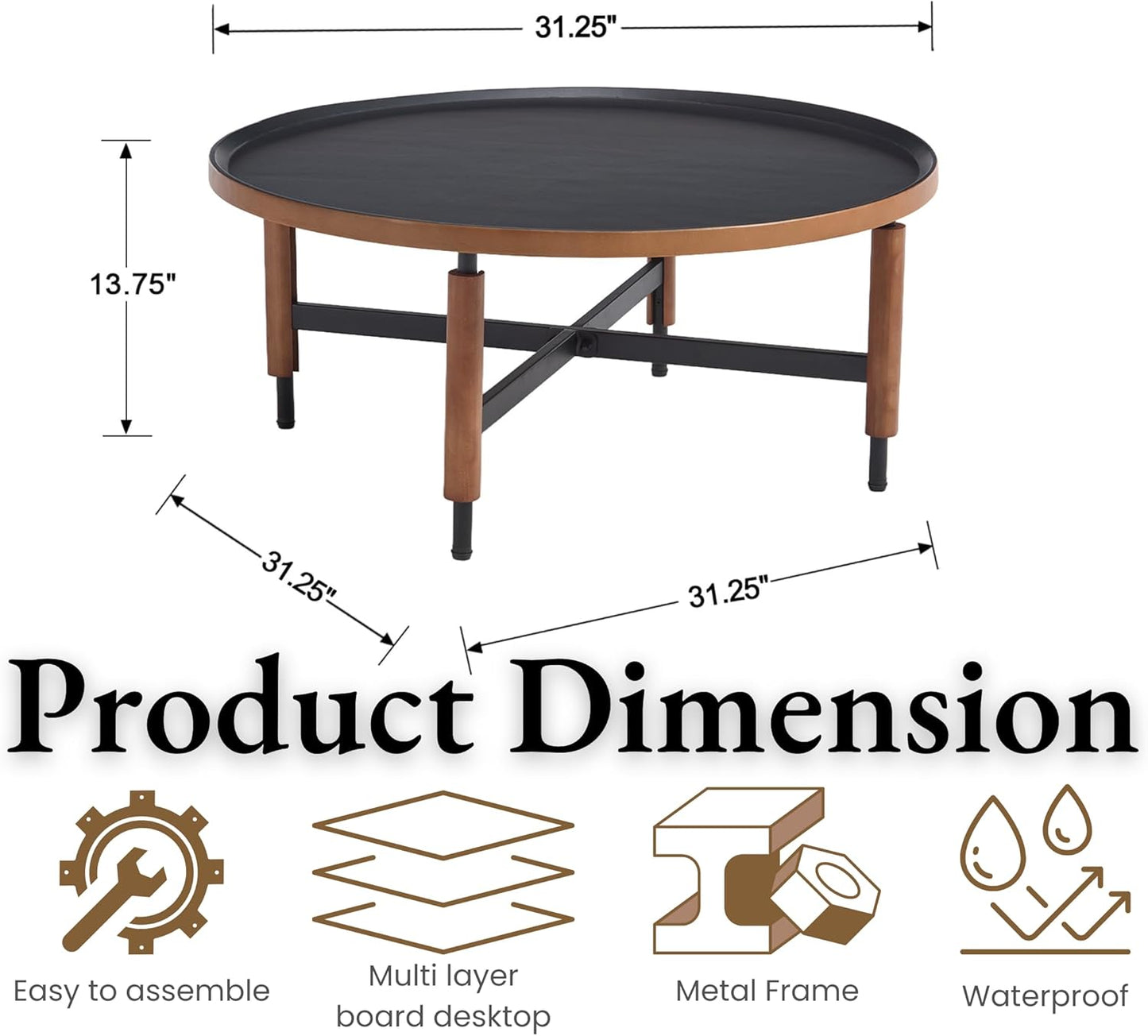 EALSON 31.25" Round Coffee Table Mid Century Modern Coffee Tables with Black Metal Legs/Wooden Top Circle Accent Center Table for Living Room Reception Apartment Office,Walnut