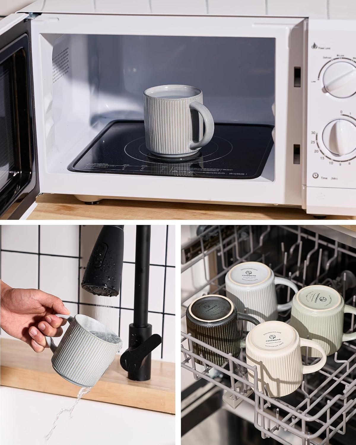 famiware Coffee Mug Set for 4, Star 12 oz Catering Mugs Cup Set with Handle for Coffee, Tea, Cocoa, Milk - Ceramic Stoneware Drinkware Set, Matte Grey