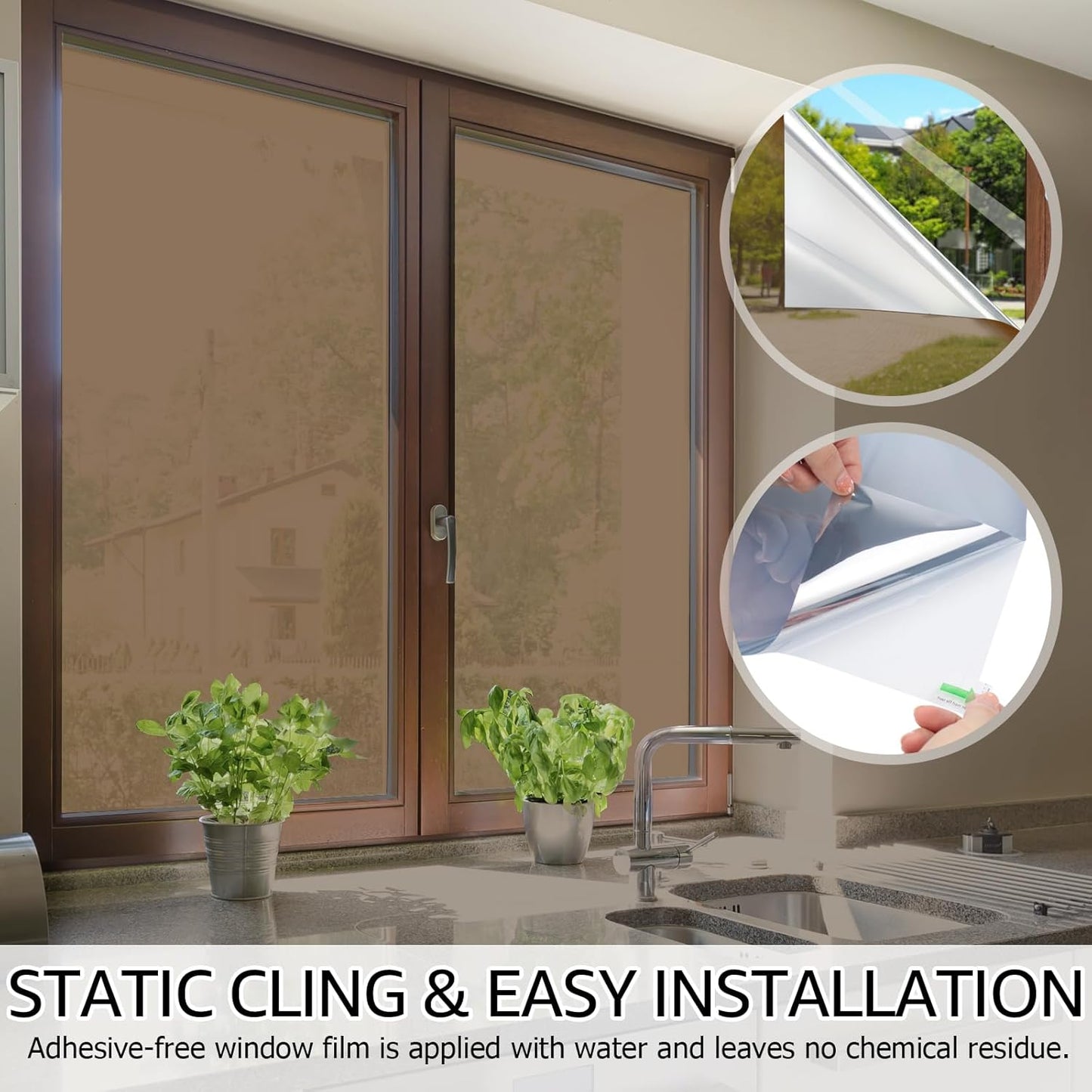 HIDBEA One Way Mirror Window Film, Daytime Privacy Sun Blocking Reflective Window Film Static Cling Heat Control Window Tinting Film for Home and Office, Brown Silver, 35.4 x 98.4 Inch