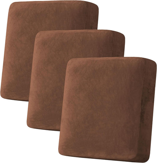 H.VERSAILTEX Velvet Stretch Couch Cushion Cover Plush Cushion Slipcover for Sofa Cushion Furniture Protector Seat Cushion Sofa Cover (3 Piece Sofa Cushion Covers, Caramel)