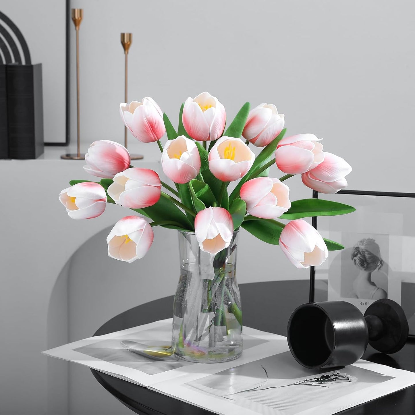 Light Pink Artificial Tulips, 2 Bundles 14Pcs, Fake Tulips Artificial Flowers, 2 x 2.4 Inch Large Flower Head Big Tulip, Easter Valentine's Day Mother's Day Home Decoration Flowers