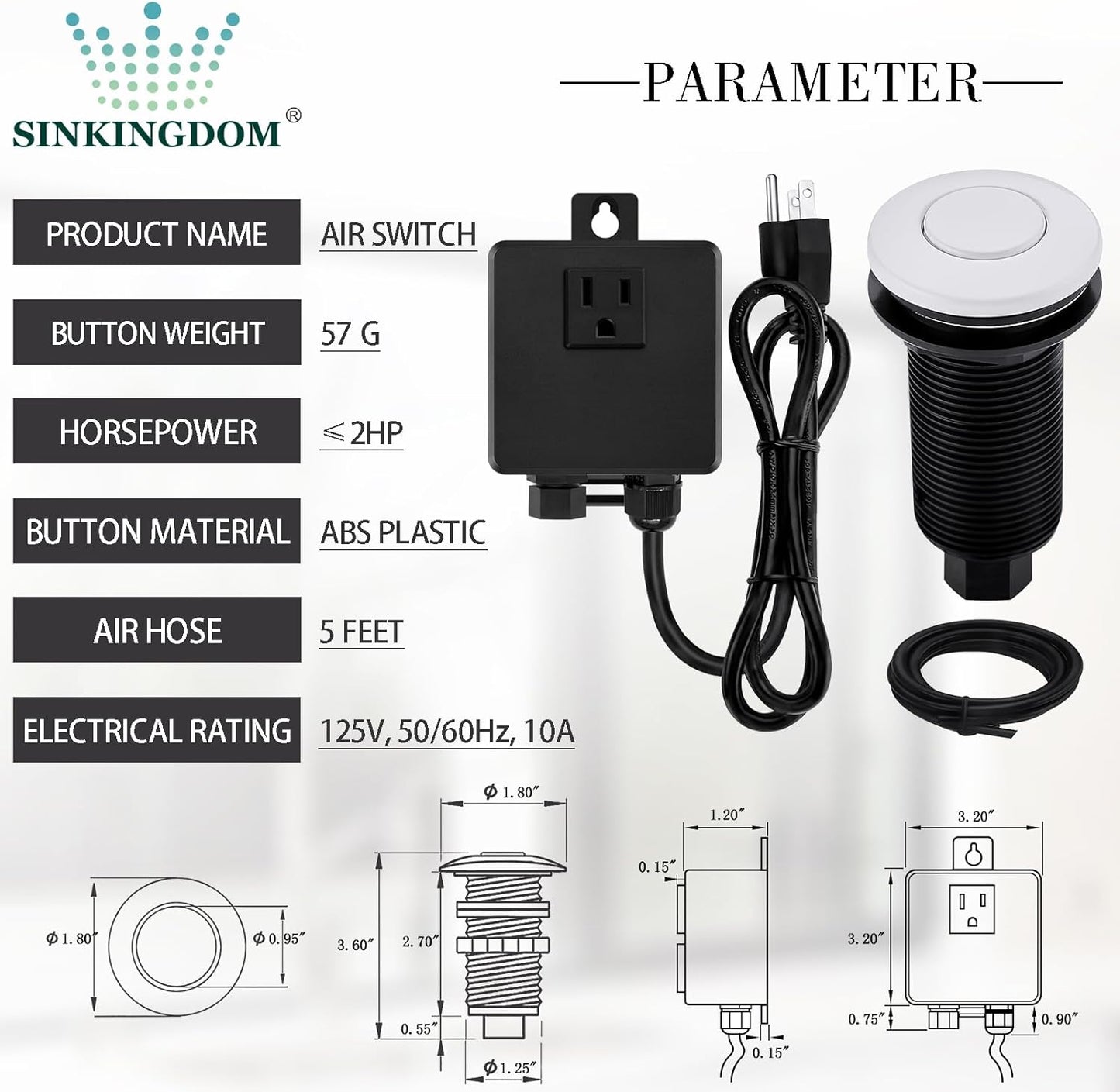 Garbage Disposal SinkTop Air Switch Kit,White with Long Button,Brass Made Cover,White