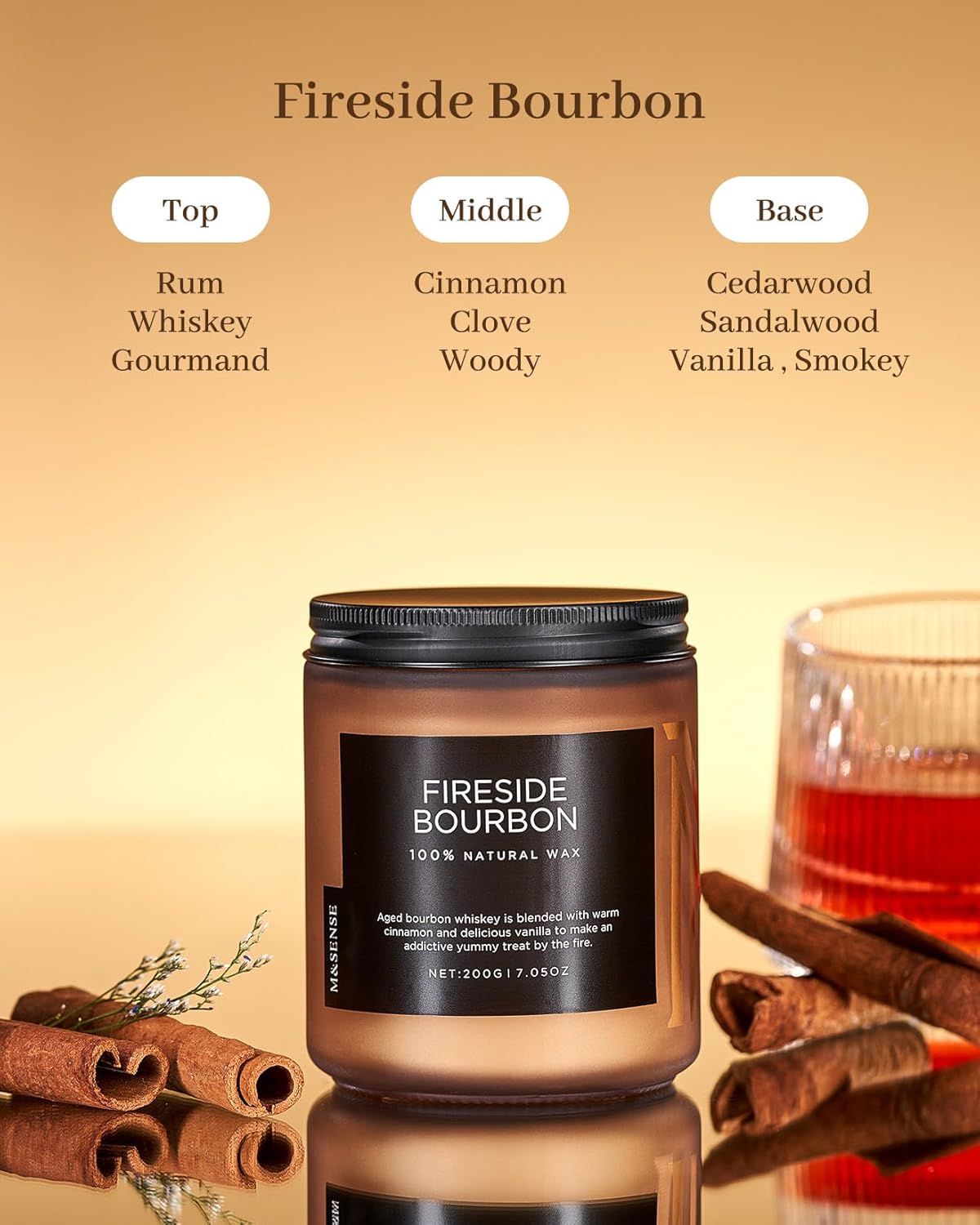 M&SENSE Fireside Bourbon Clean Non-Toxic Soy Wax Campfire Smoky Candle, Cotton Fall Scented Candle for Home Decor, 7.05oz Up to 50 Hours Burn Time Aromatherapy Gift for Bathroom