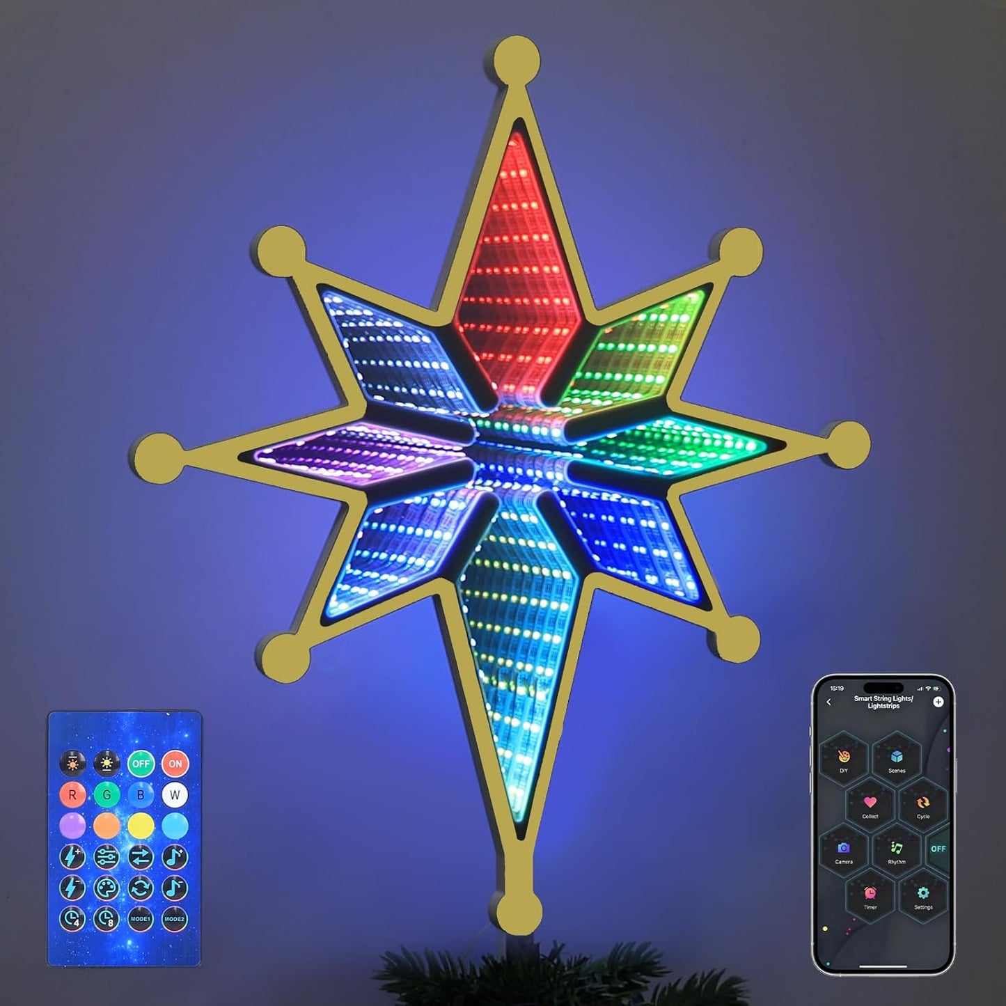 MEETYAMOR Christmas Tree Topper, 13" 130 LEDs RGB Color Change Lighted 8-Point Star Tree Topper, App, Remote & Touch, USB Powered 3D Infinity Mirror Music Sync Treetop Decorations for Xmas Party Gift