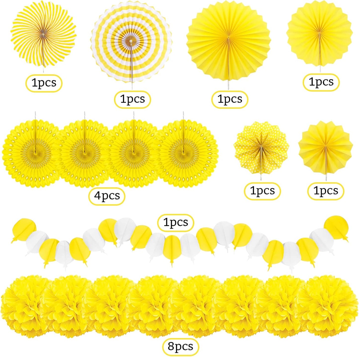 Yellow Party Decorations, Papar Fans Pompoms Fans Garlands for Birthday Bridal Baby Shower Wedding Graduation Spring Festival Party Decorations