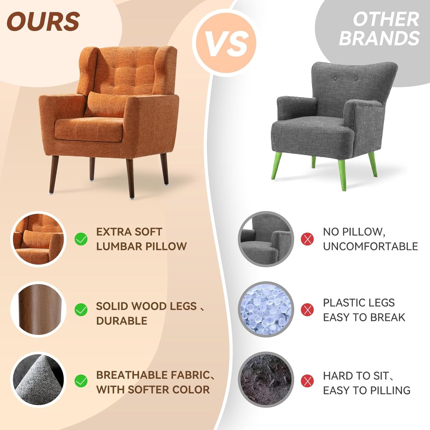 Modern Accent Chair, Upholstered Armchair with Pillow, Fabric Single Sofa Chair with Lounge Seat and Wood Legs Accent Chair for Living Room Bedroom Small Spaces (Orange, Set of 1)