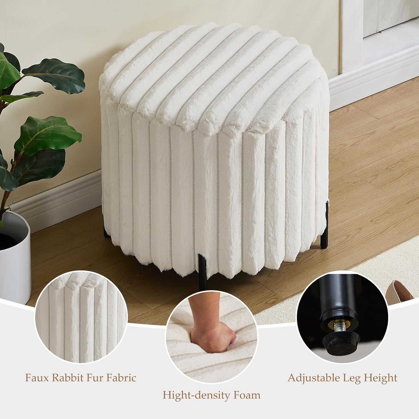 Furniliving Modern Round Ottoman, Large Size Bedroom Ottoman Footstool Round Ottomans Stool for Living Room, Bedroom, Makeup Room, Beige, Faux Fur